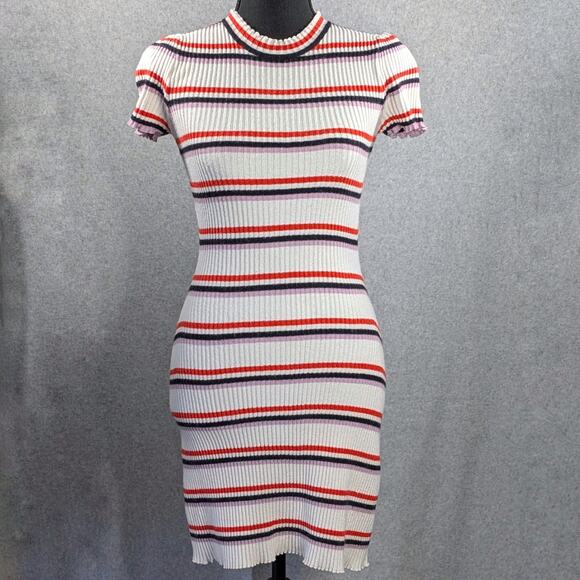 Free People Rib Knit Bodycon Dress XS White Red Black Purple Short Sleeve Fitted - Picture 14 of 15